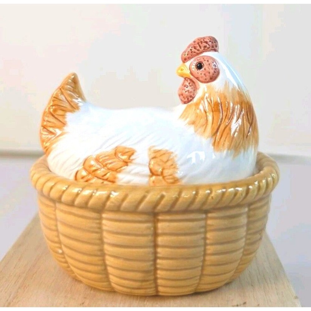Vintage Hen On Nest Nesting Hen Trinket Dish Tan And White Farmhouse Decor
